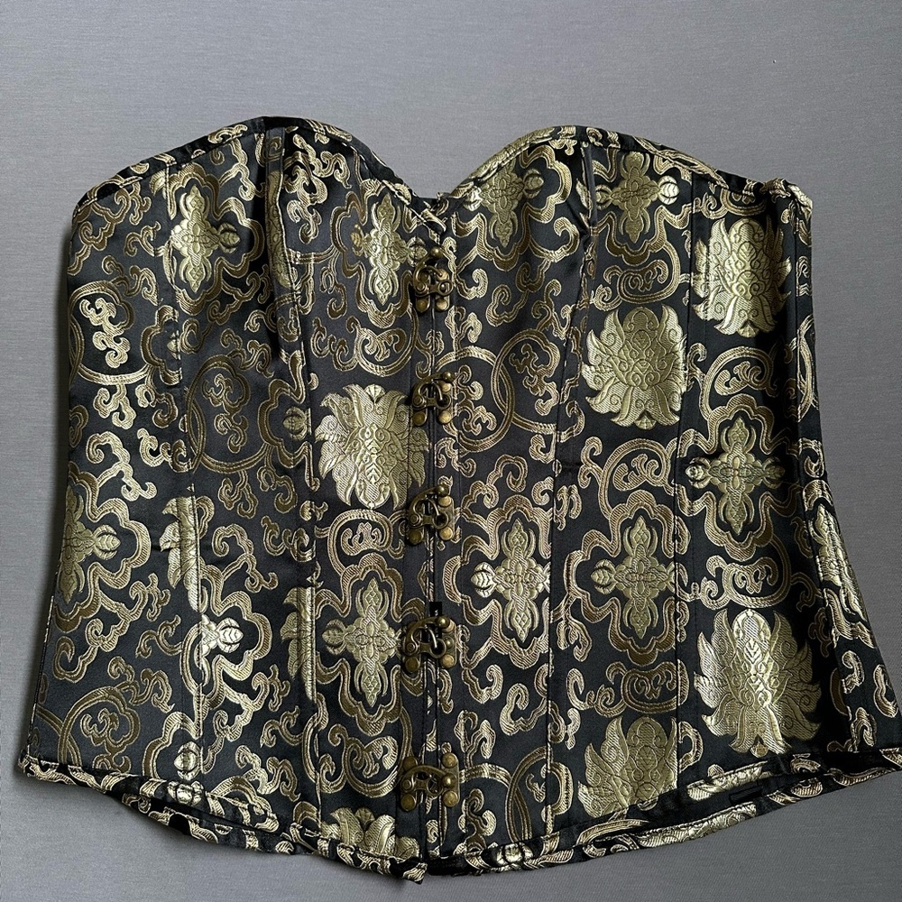 Gold and black brocade overbust corset